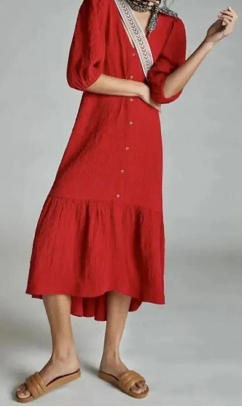 Maeve Anthropologie Midi Dress Size 1X Red Textured Puff Sleeve Ruffle A011220